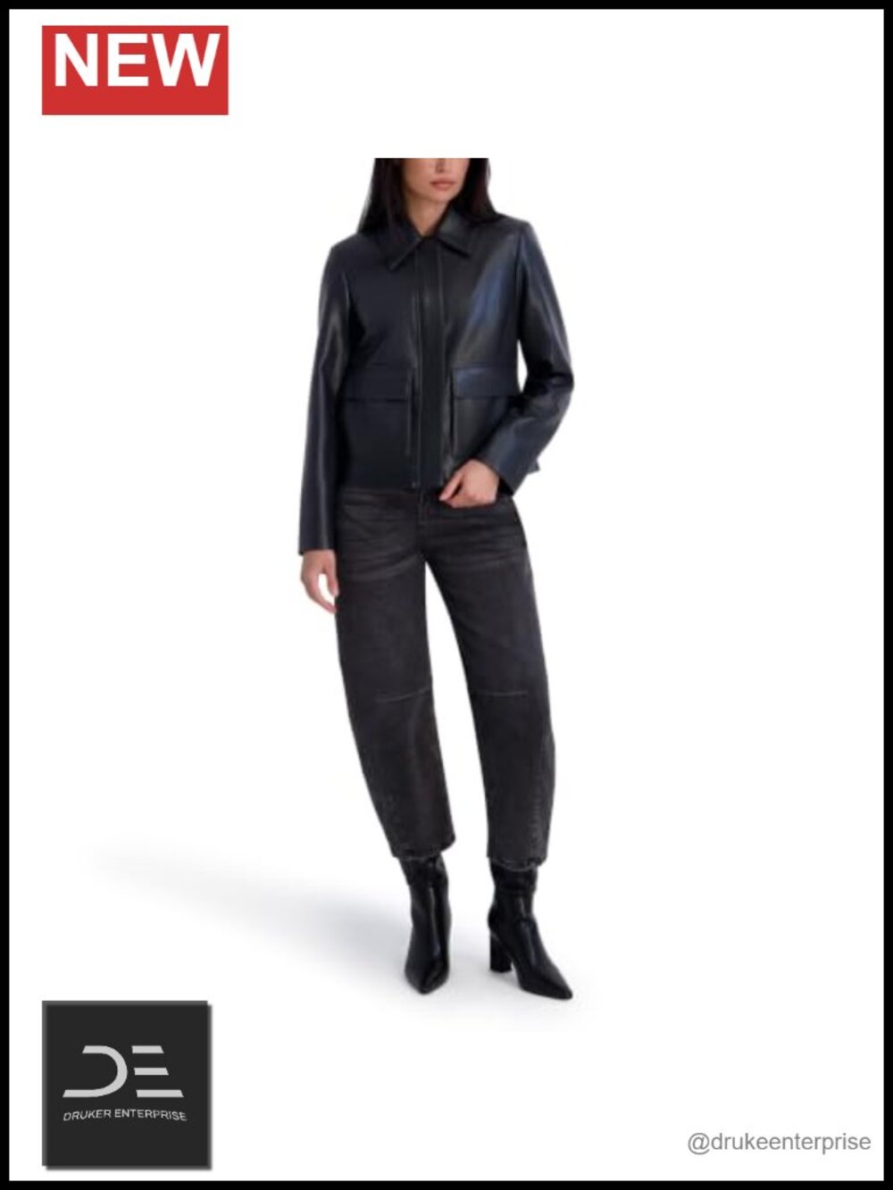 Faux Leather Patch Pocket Jacket Point Collar Hidden Closure